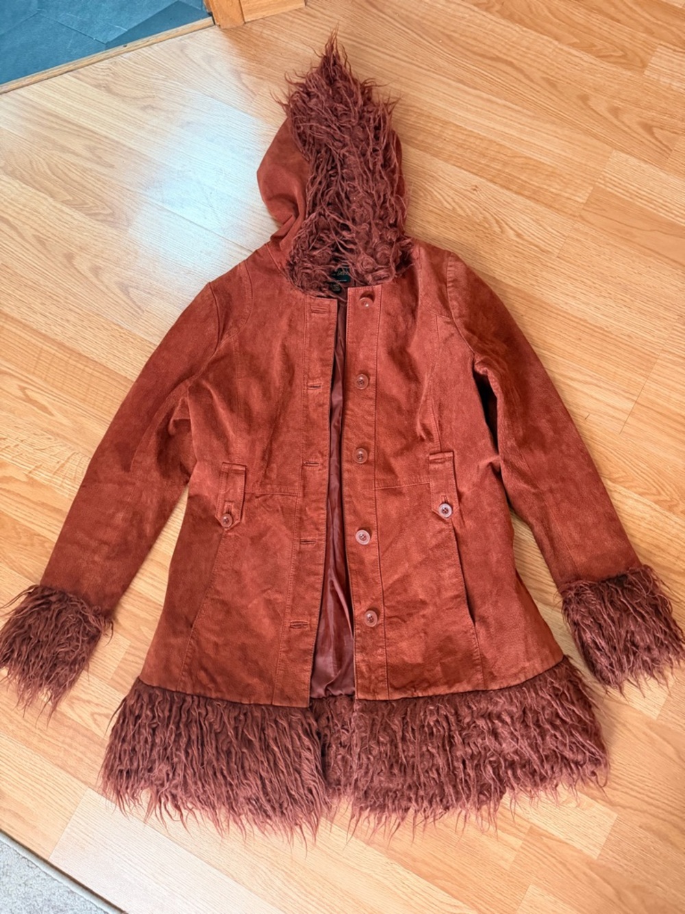 Rust burgundy Faux Fur Trim Hooded Leather Jacket